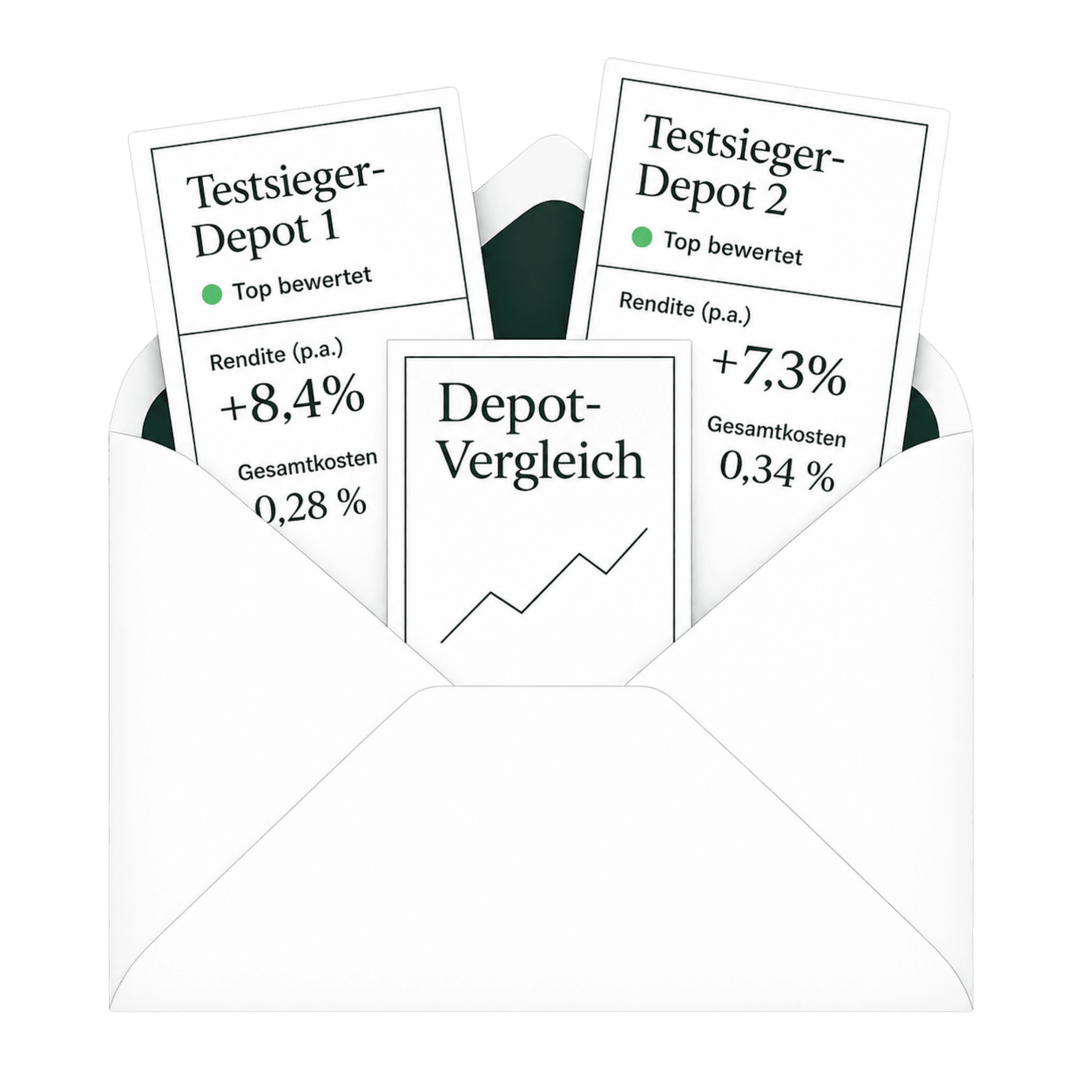 Newsletter-Illustration zum Altersvorsorgedepot: Umschlag mit Depot-Vergleich, staatlicher Förderung, Sparplan und Renditeübersicht.