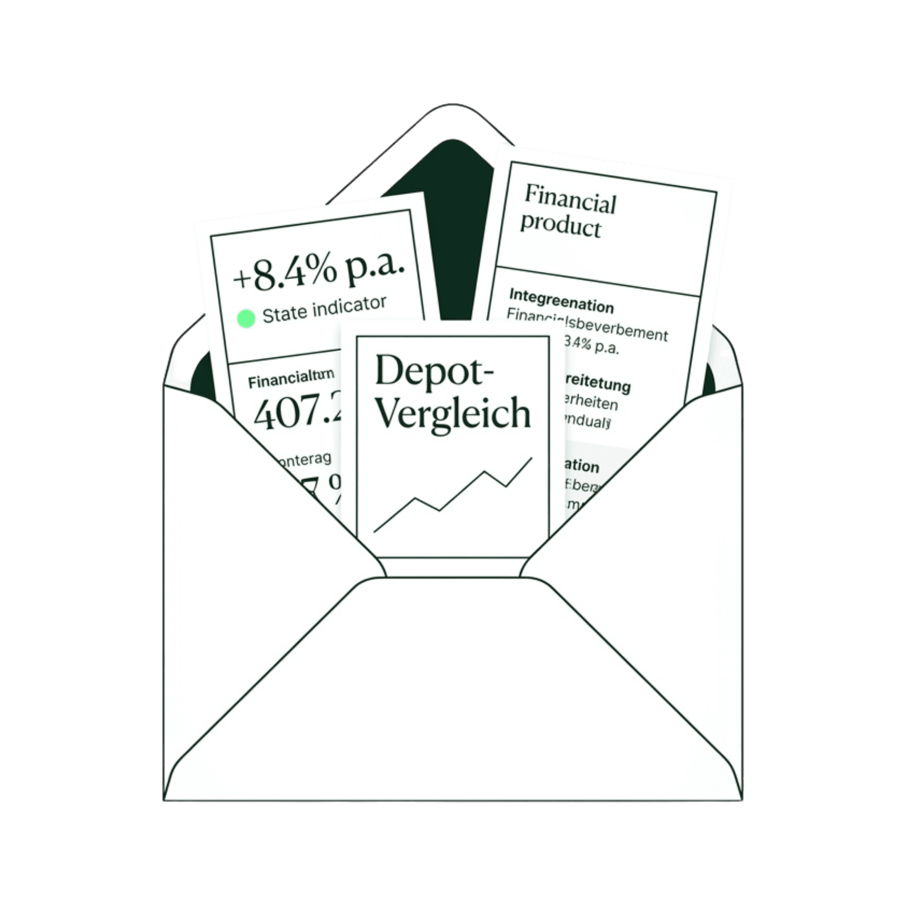 Finanzklar Newsletter Illustration: Ein minimalistischer Briefumschlag mit strukturierten Finanz- und Produktempfehlungen.