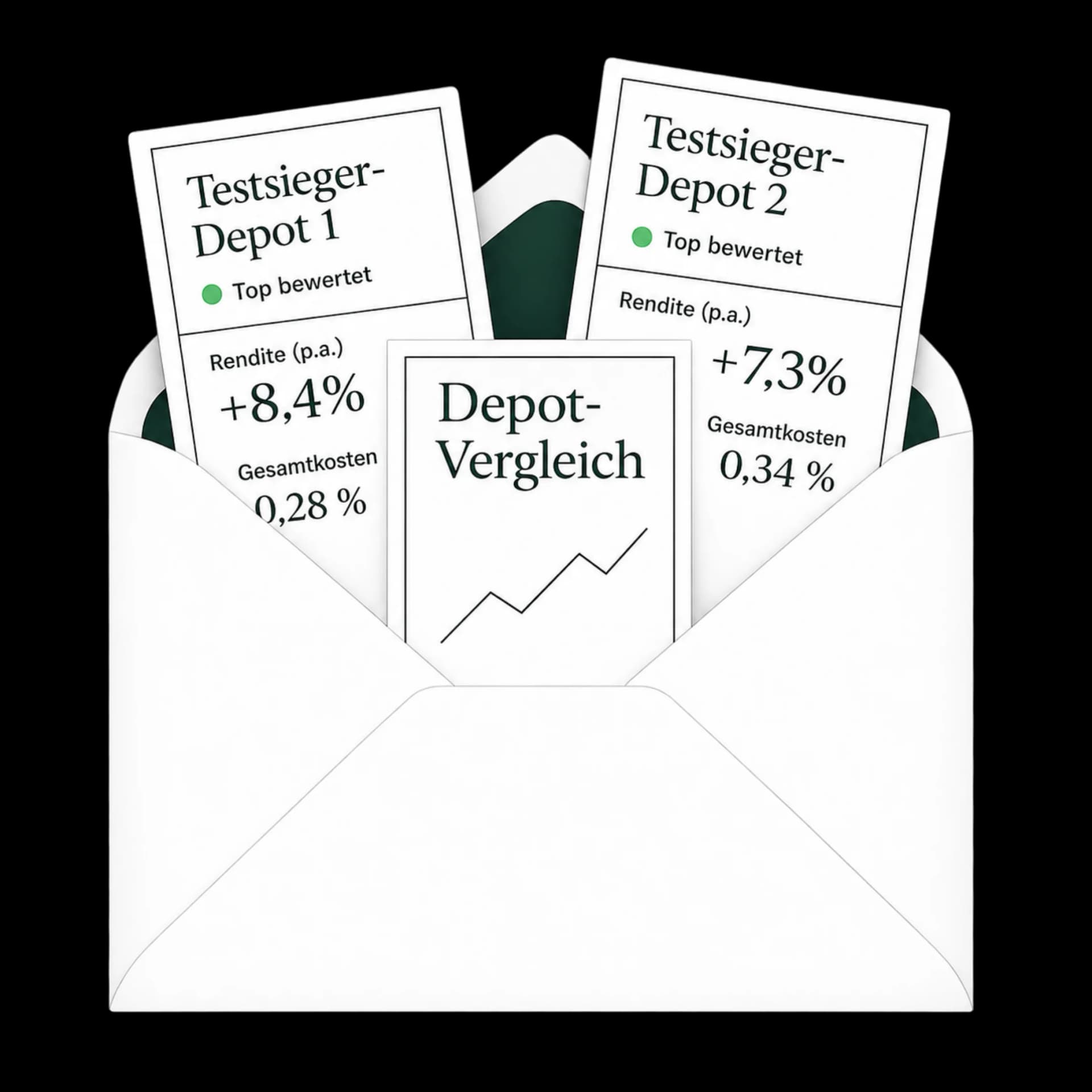 Newsletter-Illustration zum Altersvorsorgedepot: Umschlag mit Depot-Vergleich, staatlicher Förderung, Sparplan und Renditeübersicht.